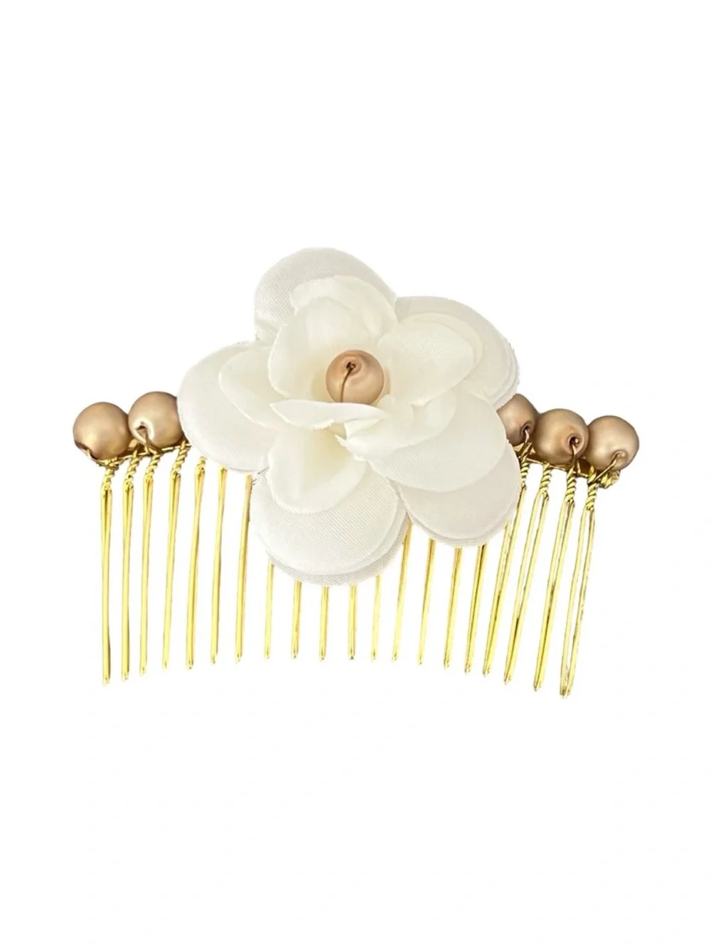 Gold Hair Comb with White Fabric Flower - Women Accessories FINAL PRICE DROP
